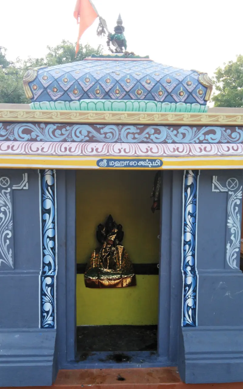 A small blue shrine with a cloth-draped idol inside and a saffron flag on the roof; the sign reads Sri Mahalakshmi.