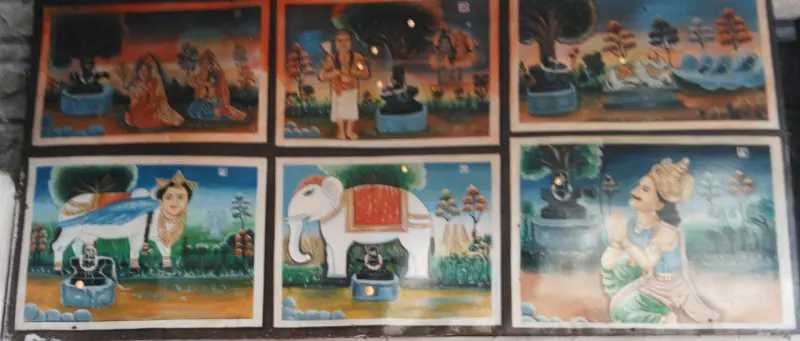Six painted panels showing maidens, a cow, an elephant and a king worshiping a lingam under trees