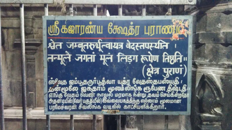 A blue signboard with Tamil and Sanskrit writing, set against a stone wall.