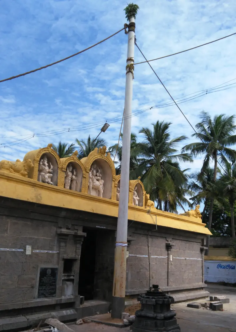 A tall white flag post with a leafy top in front of a stone gateway with carved deities along its yellow roof.