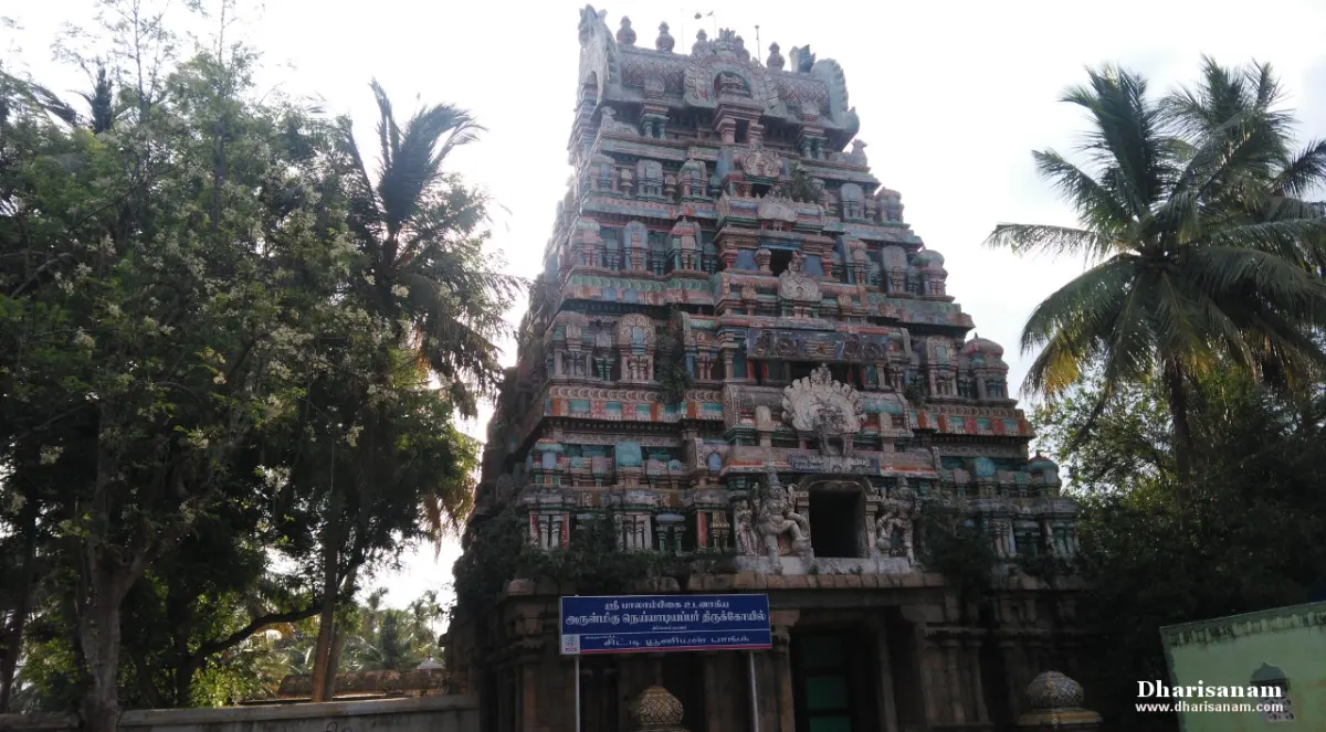 Tall colourful tiered tower with sculptures, framed by trees