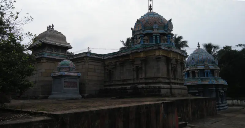 Stone shrines with domed towers seen from behind
