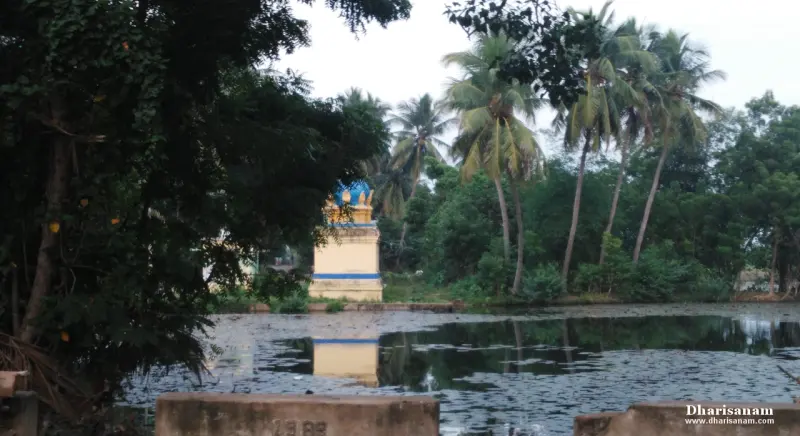 A still green pond with a small yellow and blue shrine on the far bank among coconut palms.