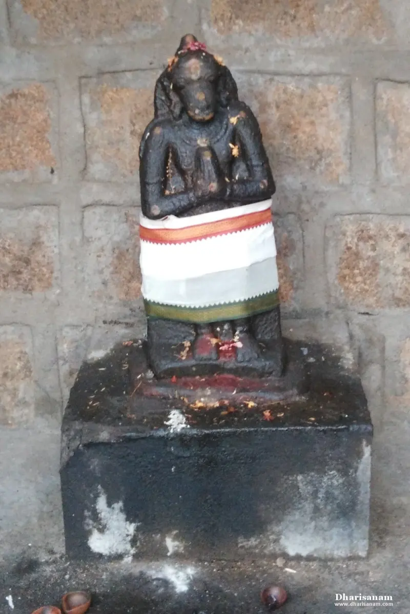 A small dark stone Anjaneyar with palms joined, wearing a white cloth, on a plain stone pedestal.