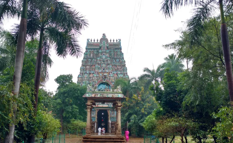 A painted tower in the distance behind a small pillared porch, among palm trees.