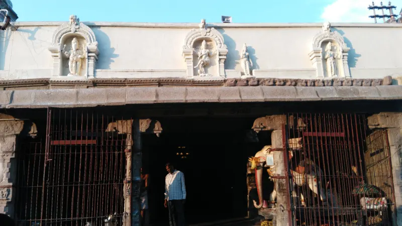 Iron grilles before a dark shrine, gods and an elephant within