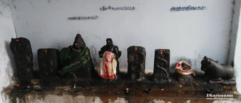 A row of black stone idols, snake stones and a Nandhi on a low platform against a white wall