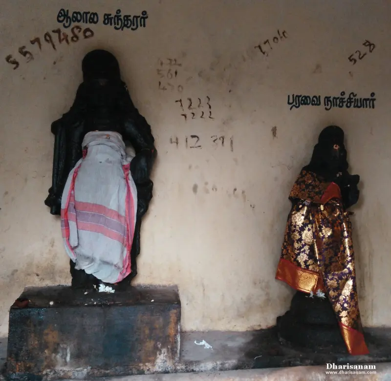 Two draped idols against a wall with Tamil name labels