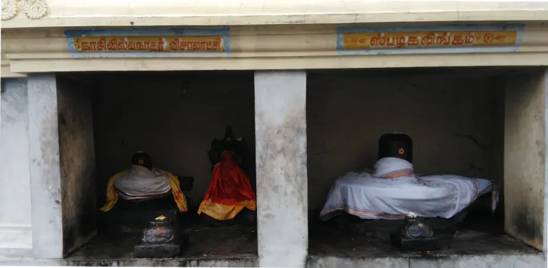 Two side-by-side alcoves with name boards; lingams and a goddess image dressed in cloth are seen inside.