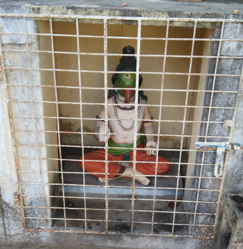 A seated painted figure with a green parrot face and orange garment, seen through an iron grille.