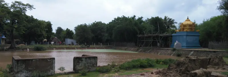 A wide tank with muddy water and a blue shrine with a golden dome beside it