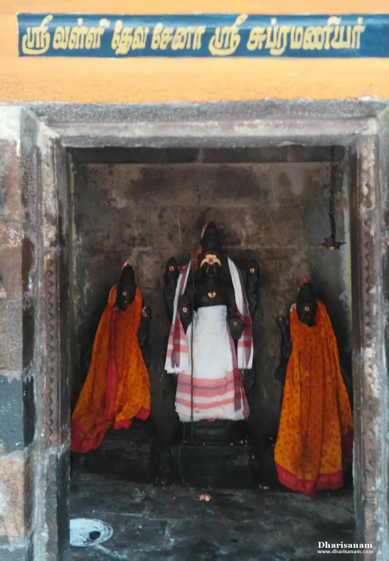 A shrine with a standing idol in the centre and two idols in orange cloth at its sides, a Tamil name board above