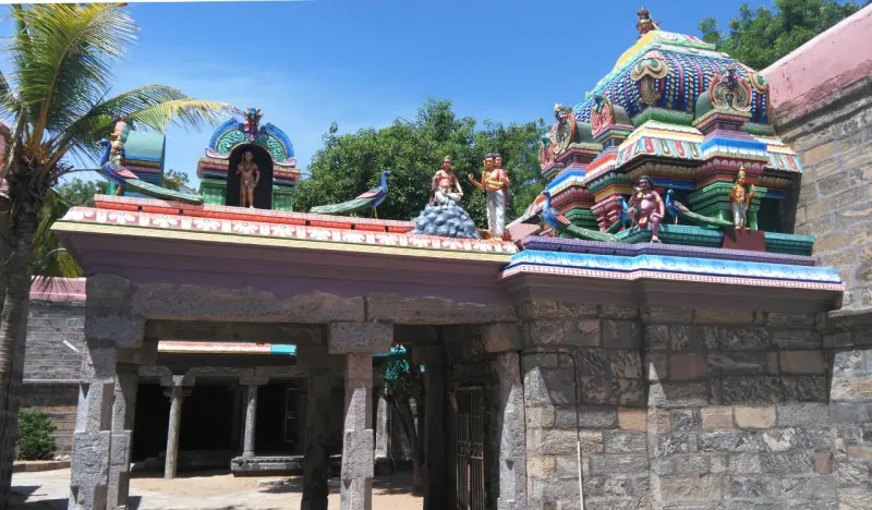 A mandapam roof with painted peacocks and figures, with a domed shrine above and palms at the left.