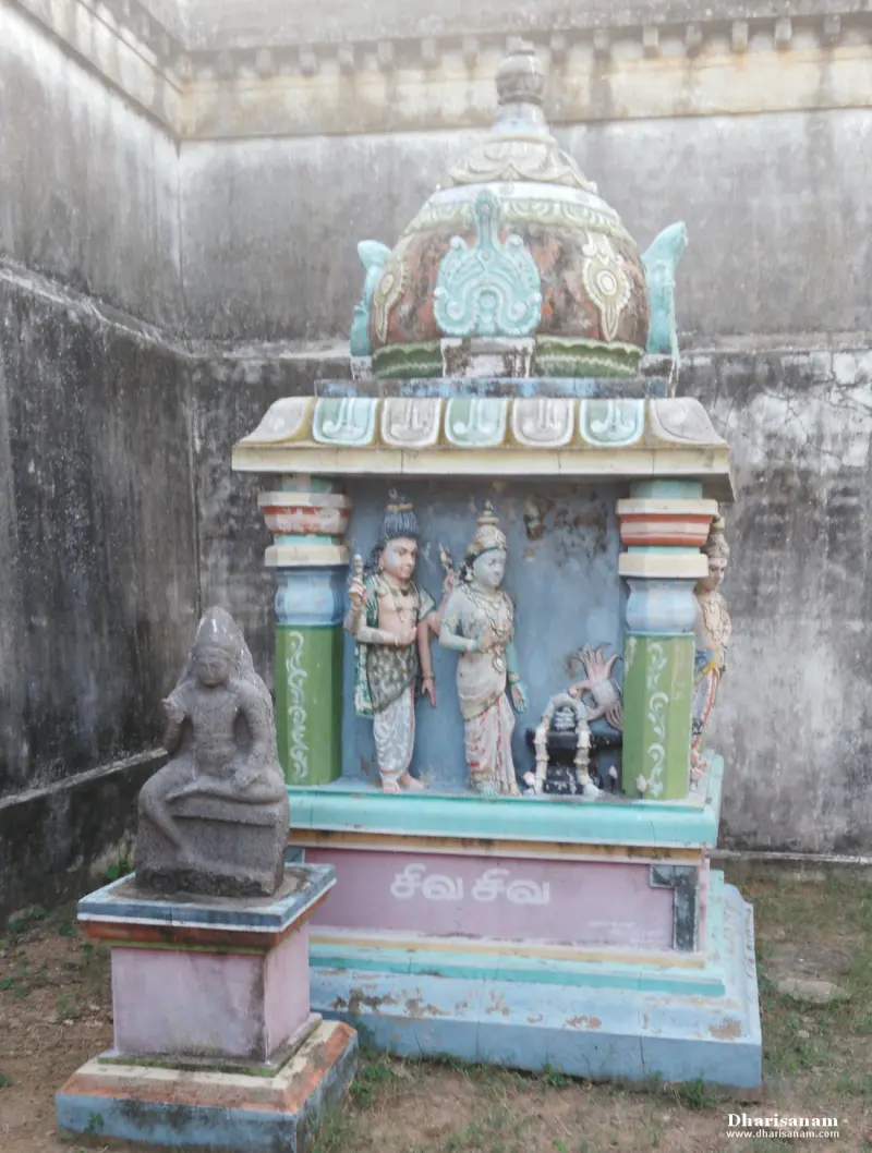 Domed miniature shrine with two painted standing figures, a crab at a lingam and a seated stone figure beside it