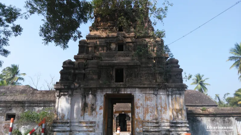 A tall gateway tower of weathered stone with green plants growing from its upper levels