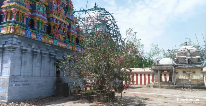 A painted tower with scaffolding behind, a flowering oleander bush in front and a small shrine at right