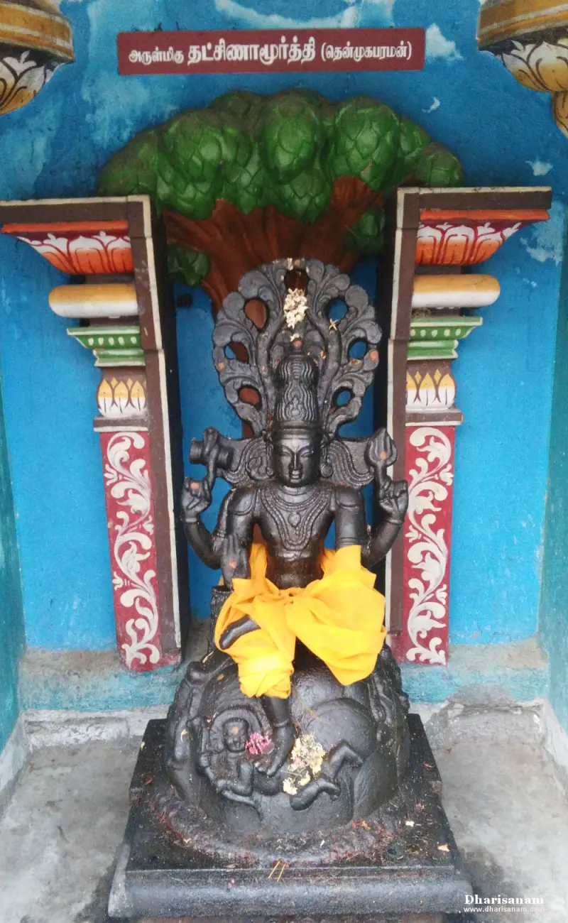 A dark stone Dakshinamurthy seated under a painted banyan tree in a blue niche, with a Tamil name board.