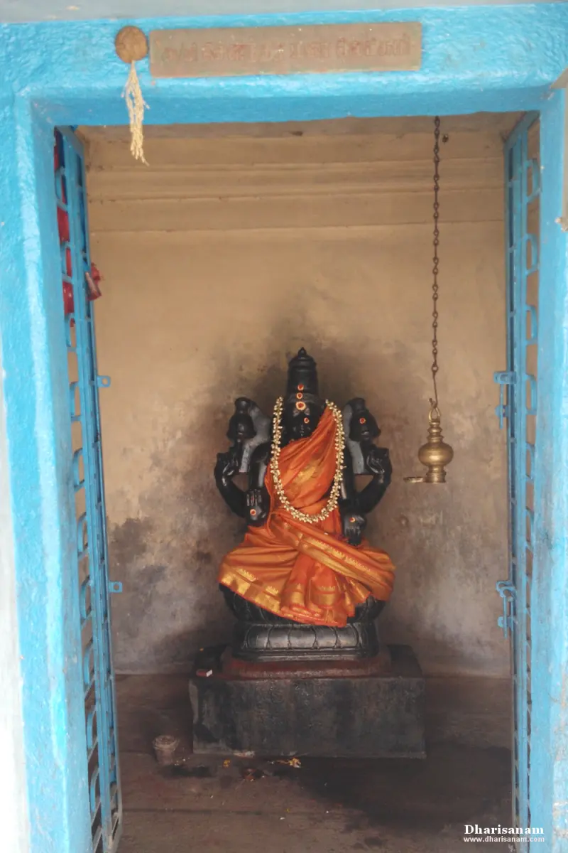 A black stone goddess with four arms in an orange silk sari, seated in a blue-framed shrine