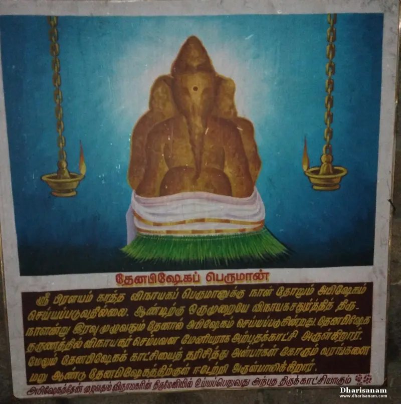 Painted panel of the Vinayakar idol with lamps on either side and Tamil text below