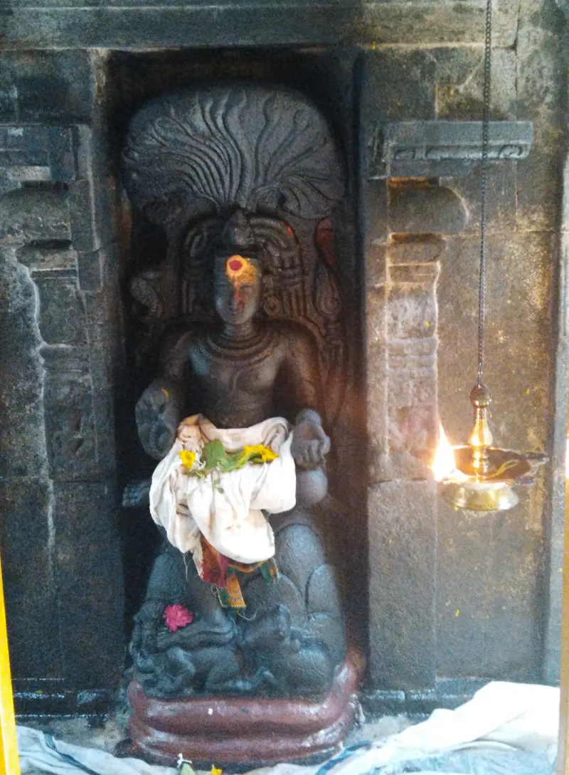 A seated stone idol with a hood-like crest behind its head, with cloth and flowers in its lap and a lamp beside it.