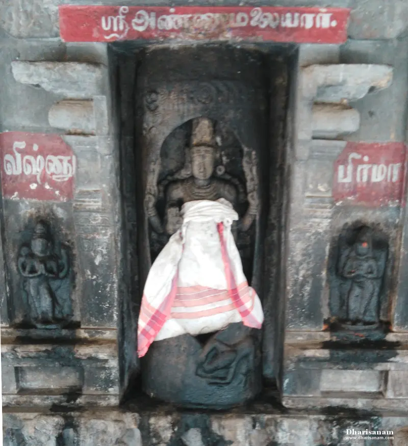 A stone niche with a central figure under a white cloth and a small figure on each side, each with a Tamil label