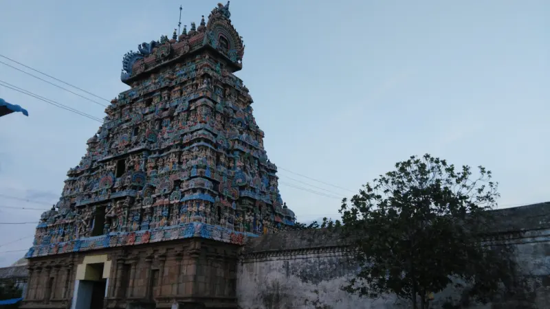 A tall tower covered in coloured sculptures rises beside a weathered compound wall and a tree.