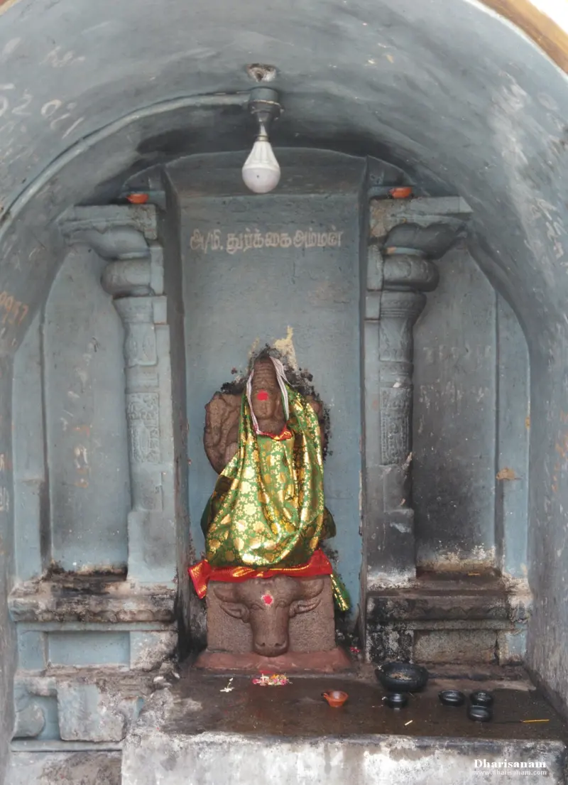 A goddess idol in a niche, wrapped in a green and gold cloth, with a bull's head carved at its base