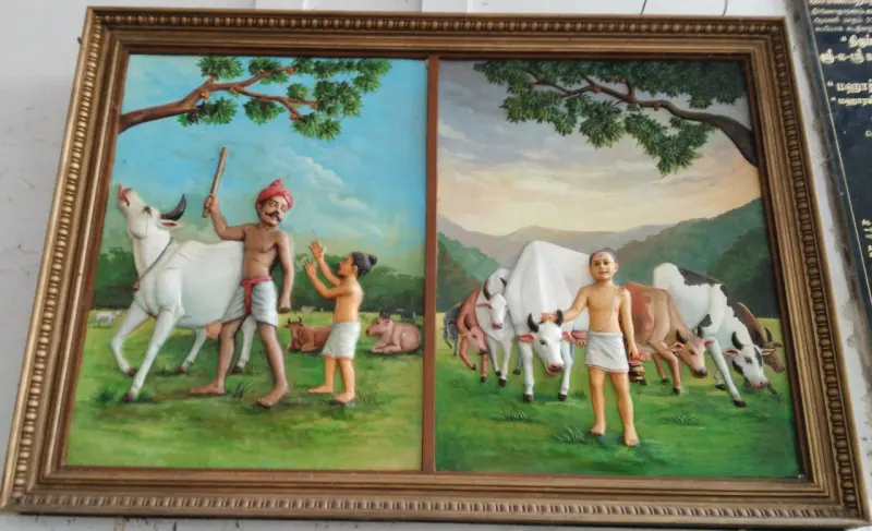 Two-panel painting of a shepherd with a stick and a boy with cows