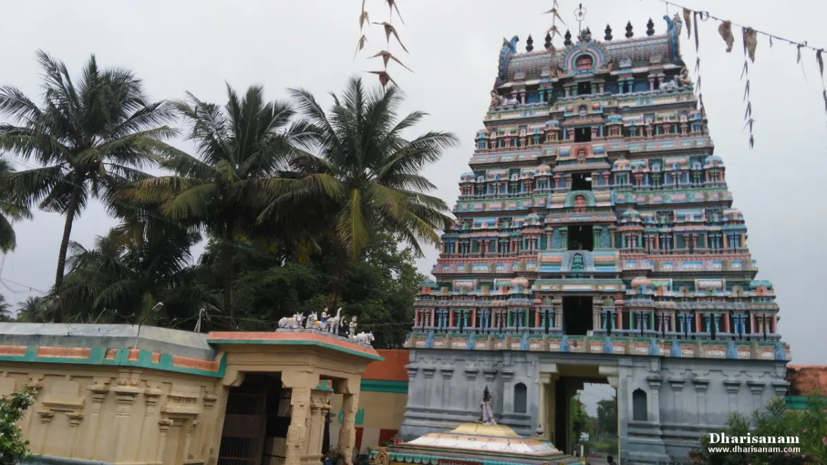 The tiered, brightly painted Rajagopuram with palm trees on the left