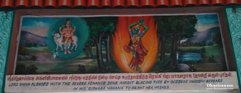 A painted panel of a goddess doing penance amid flames, Shiva and his bull appearing in a glowing circle