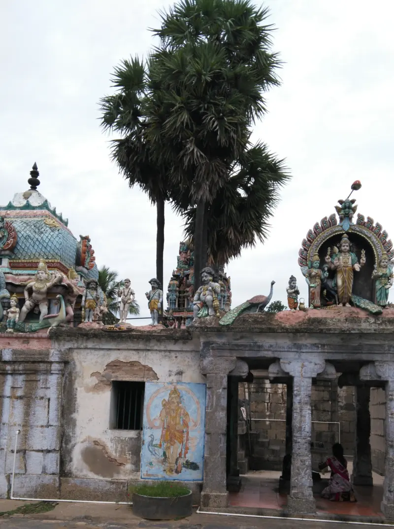 Colorful gods and a peacock on a shrine roof, a devotee praying below