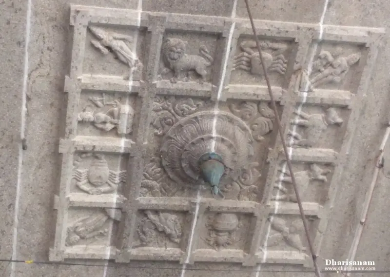 Stone ceiling panel with twelve zodiac carvings around a central hanging lotus