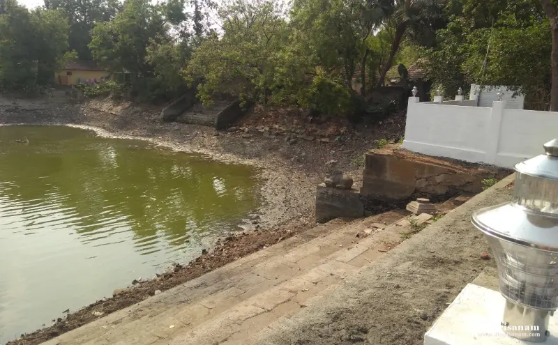 Greenish water of a temple tank with stone steps on the bank