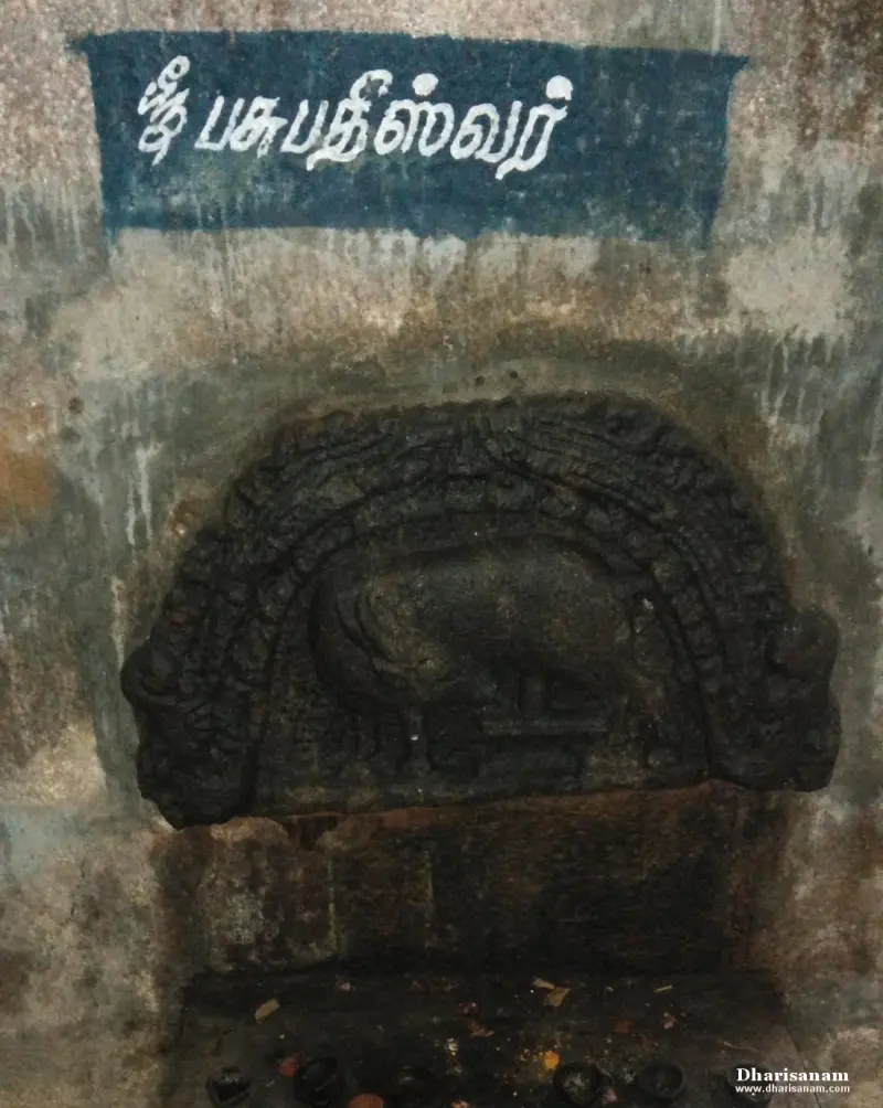 Dark stone relief of a cow under a Tamil name board