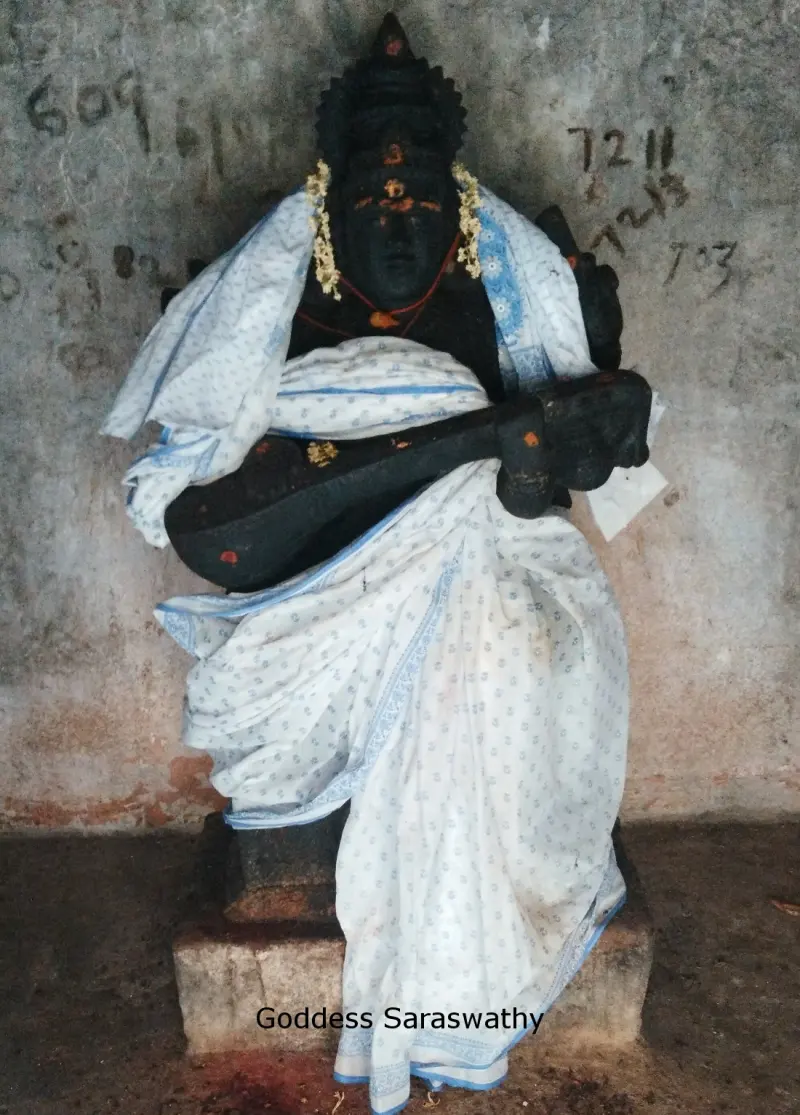 A dark Saraswathy idol holding a veena, draped in a white sari