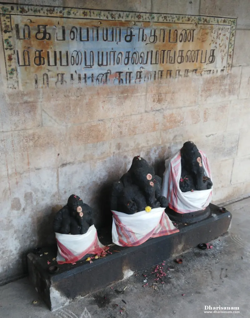Three dark stone Vinayakar idols in white cloths on a low platform, with painted Tamil names on the wall above