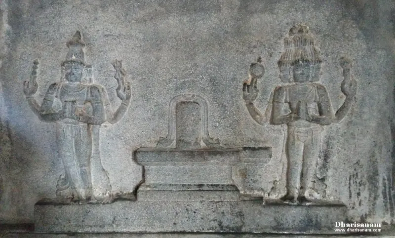 Stone relief of a lingam with a standing figure on each side, one with several heads