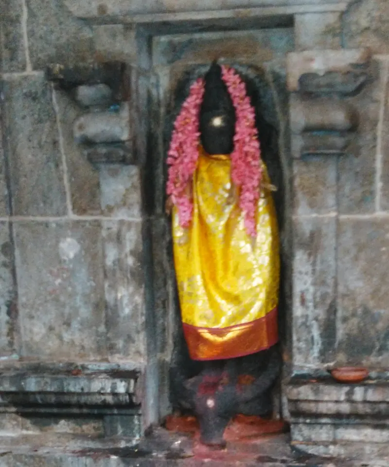 A dark idol stands in a stone niche, wearing a yellow and orange silk cloth with a pink flower garland.