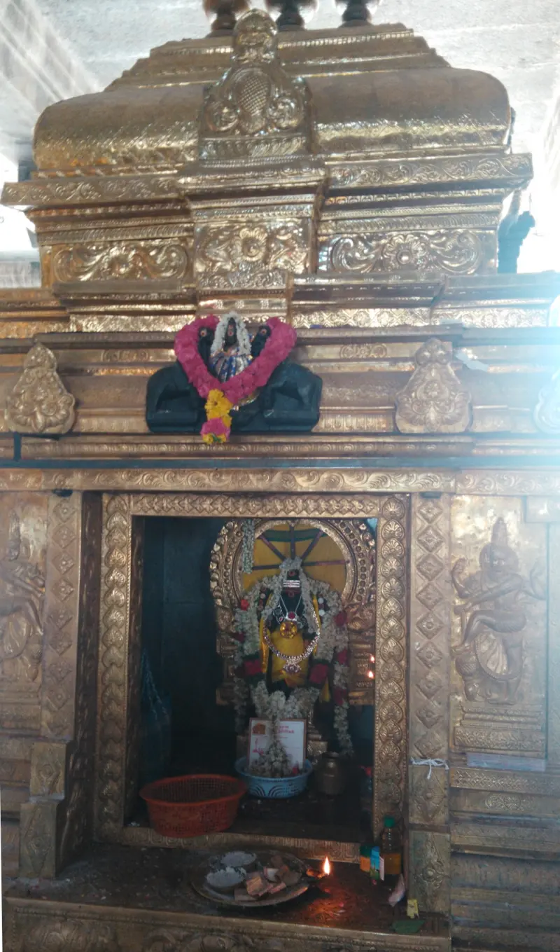 Garlanded standing idol inside a shrine with a gold tower