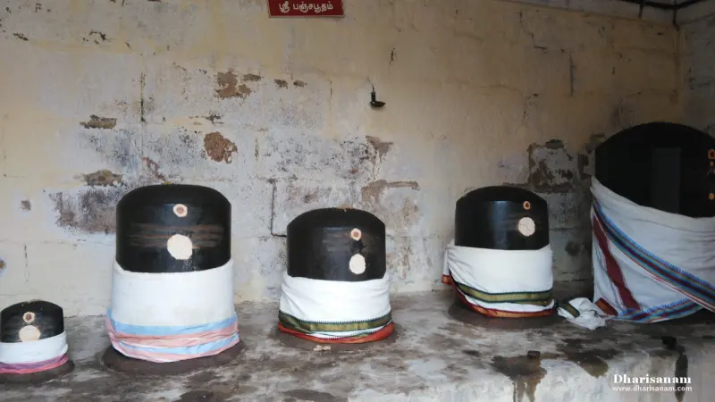 A row of black Shivalingams wrapped in white cloths on a stone ledge, with a red board above the wall