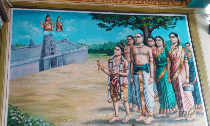 Painting of a boy with a lamp and a group of devotees before a temple, with two deities shown in the sky.