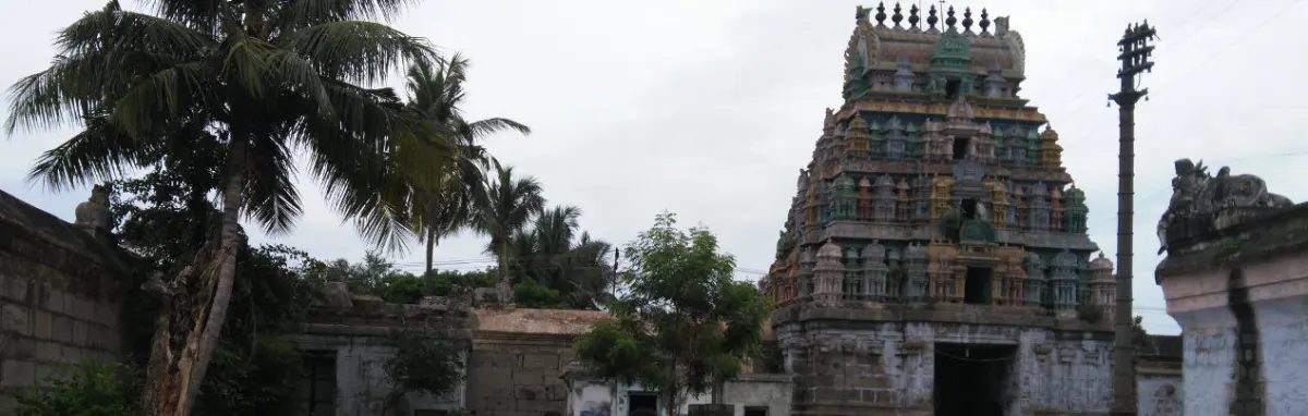A tall colorful temple tower beside palm trees and weathered stone halls
