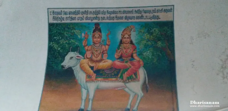 A painting of a four-armed god and a goddess seated together on a white bull.