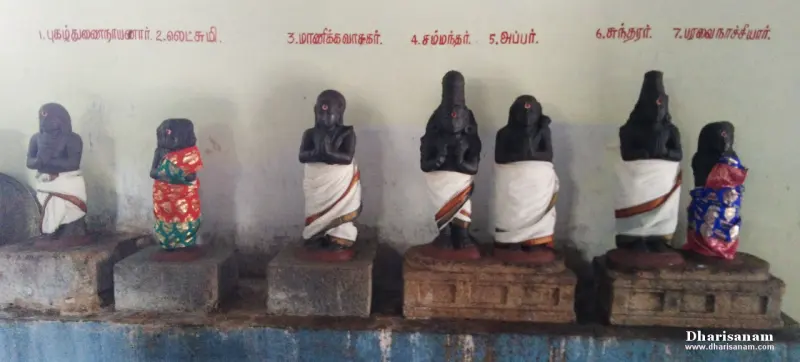 Draped idols in a row under Tamil name labels
