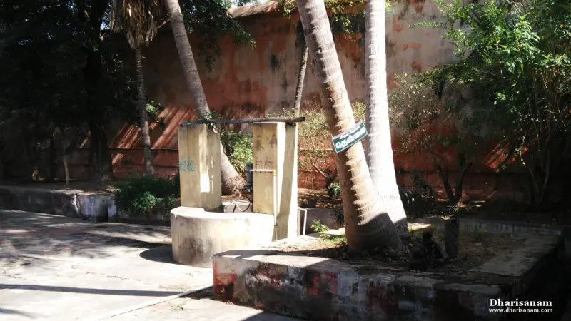 A stone-built structure with a pillared frame, standing among leaning coconut trunks near a red wall