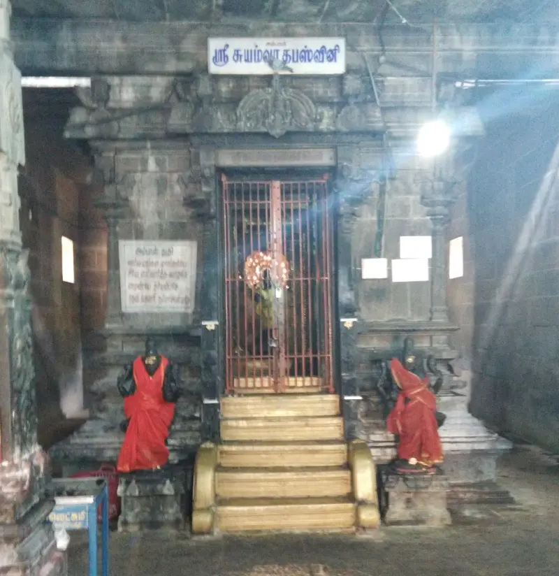 Grilled shrine doorway with a name board and steps, and a red-draped guardian figure on each side.