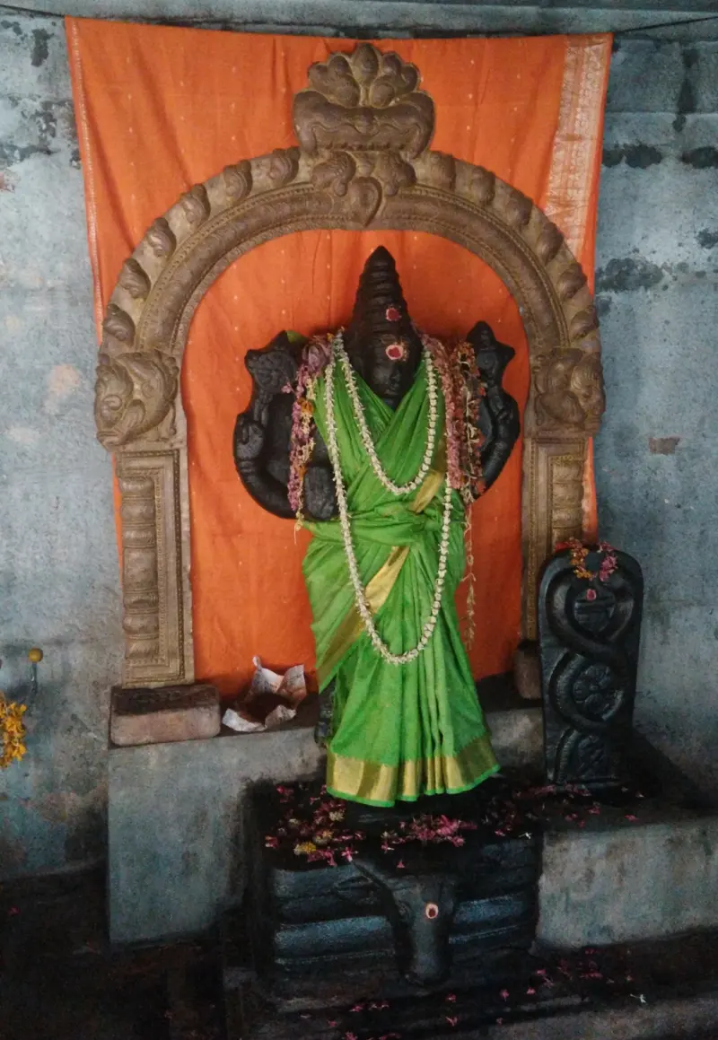A black stone goddess in a green sari and flower garlands, under a carved arch with a bull at her feet
