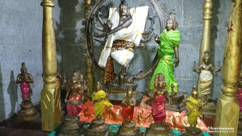 Bronze idols with Natarajar in a ring of flames at the back, dressed in cloth between gold-coloured pillars.