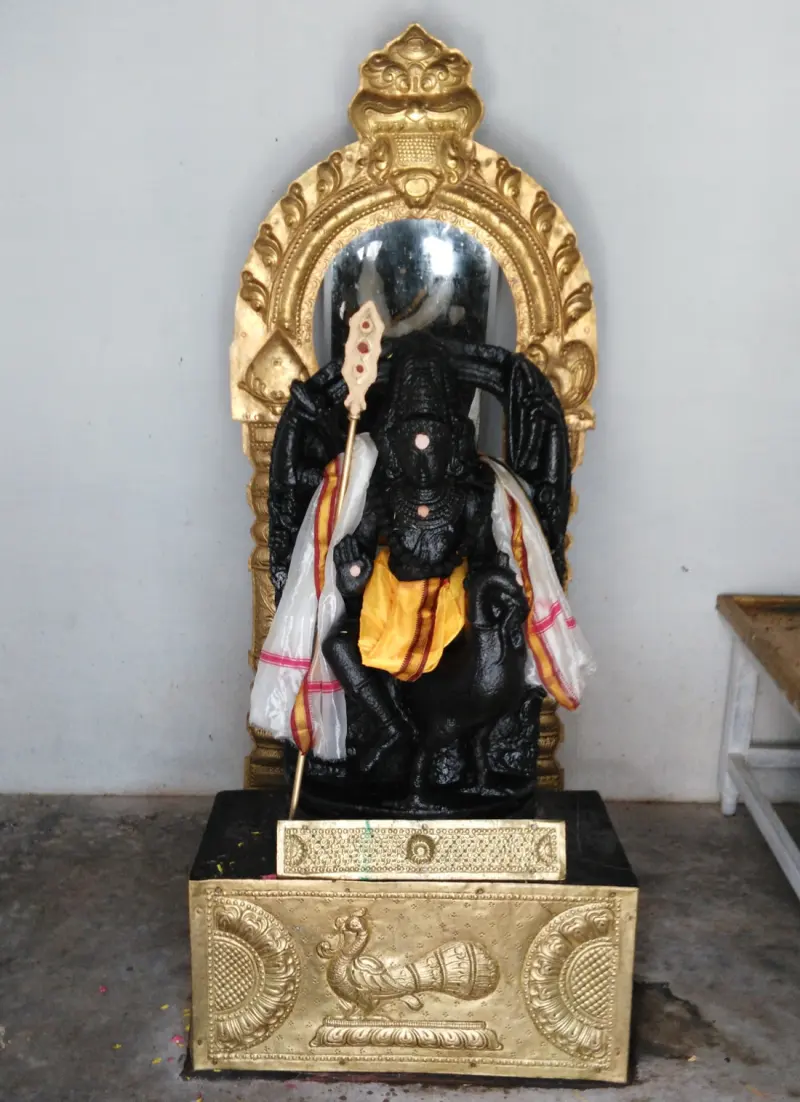 Black Murugan statue with a spear on a peacock pedestal
