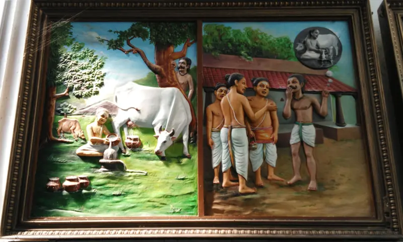 Two-panel painting of milking a cow and men in discussion